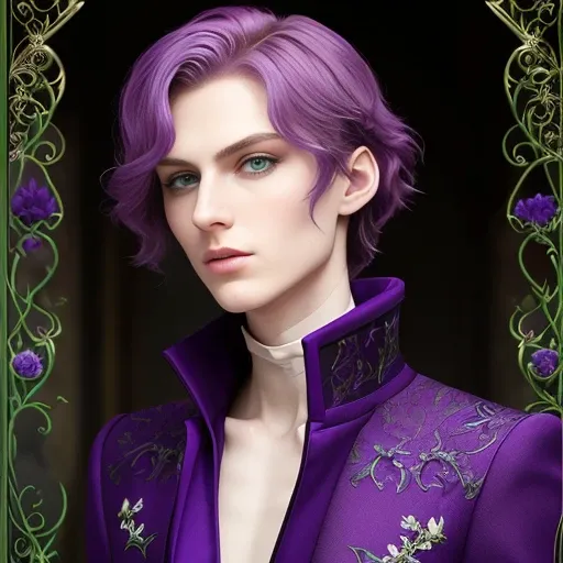masterpiece, best quality, green eyes, purple hair, aura, tall, thin, pale skin, sharp features, regal, elegant, charismatic, intimidating, sorcerer, noble, powerful, background in the form of a floral pattern