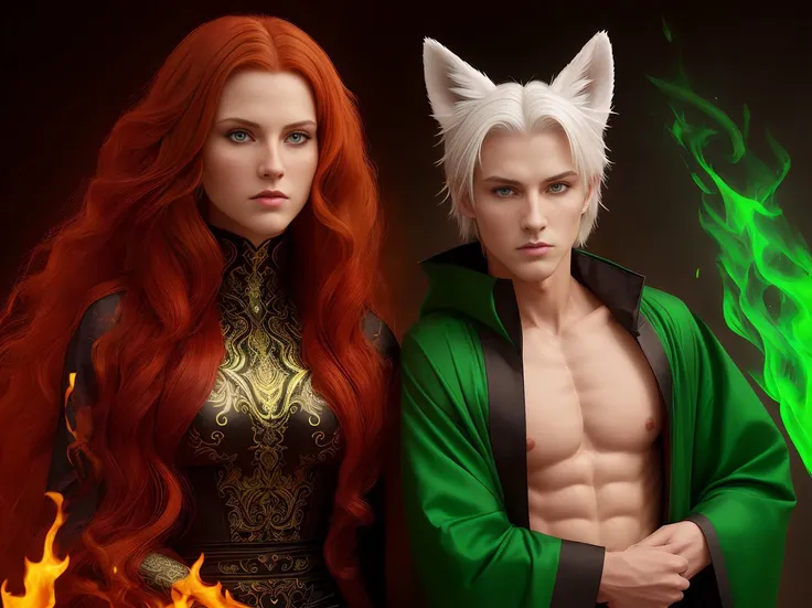 fiery glowing pattern on the background, wall covered with magic inscriptions,
AND long red hair, amber eyes,yellow eyes, ((long black dress with fiery luminous pattern)), luminous pattern, ((beautiful face)), ((BEST QUALITY)), ((MASTERPIECE)), ((HIGH RES)), ((CINEMATIC LIGHTING)), ((DETAILED)), sitting on the throne, 30-years-old, aristocratic lady, masterpiece, best quality, proportional face, ray tracing, photorealism, flame print symmetry, lips, slight smile, french braid, eyes like a dragon, wearing red low slit, trending on artstation, 8k, HD, ful body
AND (((Masculine male face))), ((male)), ((white hair)), kitsune male, kitsune ears, male physique, green robe, black shirt, dressed, (((fully clothed))), green luminous eyes,   small fox ears, green aura, tall, thin, pale skin, sharp features, regal, charismatic, intimidating, sorcerer, noble, powerful, background in the form of a green fire pattern