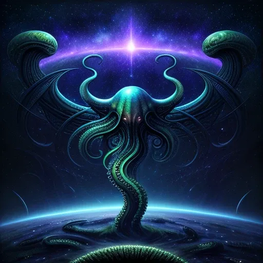 masterpiece, best quality, wallpaper, the endless space, galaxies and nebulas, giant green octopus, long tentacles, Lovecraft style, Giger style, stars, photorealistic, high resolution, detailed, sharp focus