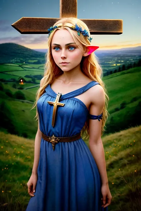 1 elven girl, crucified on cross, large wooden cross, detailed beautiful face of AnnaSophia Robb, long pointy ears, on the hill, at night, stars, bloody wounds, full height photo, blue eyes, suffering, long blue dress, barefoot, photorealistic, masterpiece, trend on artstation, by wlop, high resolution, detailed