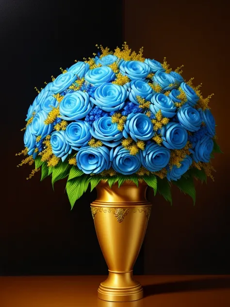 masterpiece, best quality, masterpiece, bouquet of magic pale blue roses, in a golden vase, artstation, high resolution, detailed, sharp focus