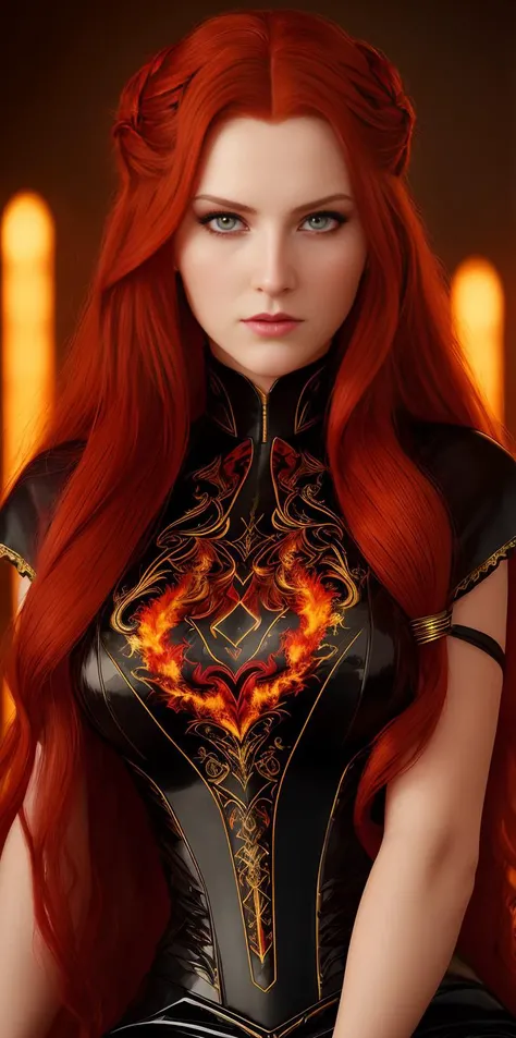 long red hair, amber eyes,yellow eyes, ((long black dress with fiery luminous pattern)), ((beautiful face)), ((BEST QUALITY)), ((MASTERPIECE)), ((HIGH RES)), ((CINEMATIC LIGHTING)), ((DETAILED)), sitting on the throne, 30-years-old, aristocratic lady, masterpiece, best quality, proportional face, ray tracing, photorealism, flame print symmetry, lips, slight smile, french braid, eyes like a dragon, wearing red low slit, trending on artstation, 8k, HD, ful body, one face