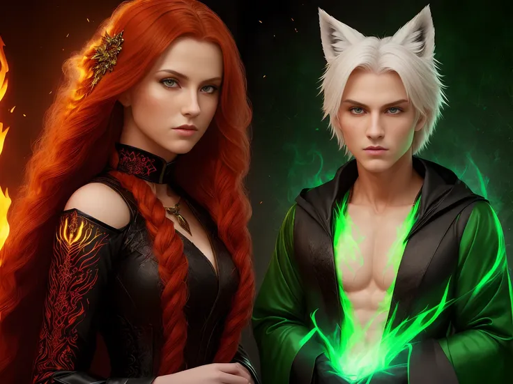 fiery glowing pattern on the background, wall covered with magic inscriptions,
AND long red hair, amber eyes,yellow eyes, ((long black dress with fiery luminous pattern)), luminous pattern, ((beautiful face)), ((BEST QUALITY)), ((MASTERPIECE)), ((HIGH RES)), ((CINEMATIC LIGHTING)), ((DETAILED)), sitting on the throne, 30-years-old, aristocratic lady, masterpiece, best quality, proportional face, ray tracing, photorealism, flame print symmetry, lips, slight smile, french braid, eyes like a dragon, wearing red low slit, trending on artstation, 8k, HD, ful body
AND (((Masculine male face))), ((male)), ((white hair)), kitsune male, kitsune ears, male physique, green robe, black shirt, dressed, (((fully clothed))), green luminous eyes, small fox ears, green aura, tall, thin, pale skin, sharp features, regal, charismatic, intimidating, sorcerer, noble, powerful, background in the form of a green fire pattern