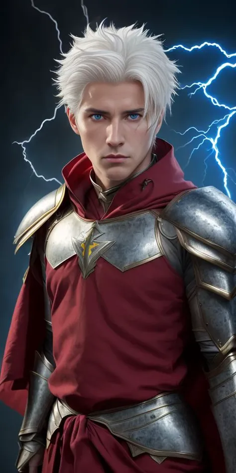 (((Masculine male face))), ((male)), adult, ((BEST QUALITY)), ((MASTERPIECE)), ((HIGH RES)), ((CINEMATIC LIGHTING)), ((DETAILED)), masterpiece, best quality, masterpiece, male, 30-years-old, (((short white hair))), (((red cloth armor,))) Archer Fate, aura of blue lightning, ((glowing blue lightning eyes)), full body, lightning from the eyes, male face