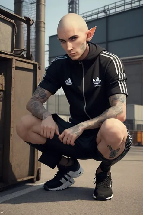 documental photo, sharp focus, 1 man, elf, long pointy elf ears,detailed sullen face, criminall tatooes, caucasian, short shaved head, squatting, adidas black tracksuit, photorealistic, masterpiece, trend on artstation, by wlop, detailed industrial area, a lot of industrial junk, highly detailed