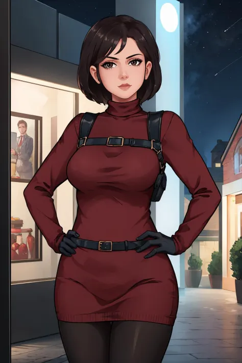 (masterpiece, best quality:1.2),  <lora:housechores:.8>, housechores, 1girl, solo, looking at viewer,  <lora:adawong-re-richy-v1:0.95> adasweater, red sweater, turtleneck, harness, pantyhose, black gloves, belt, outdoors, city, night sky, hands on hips,