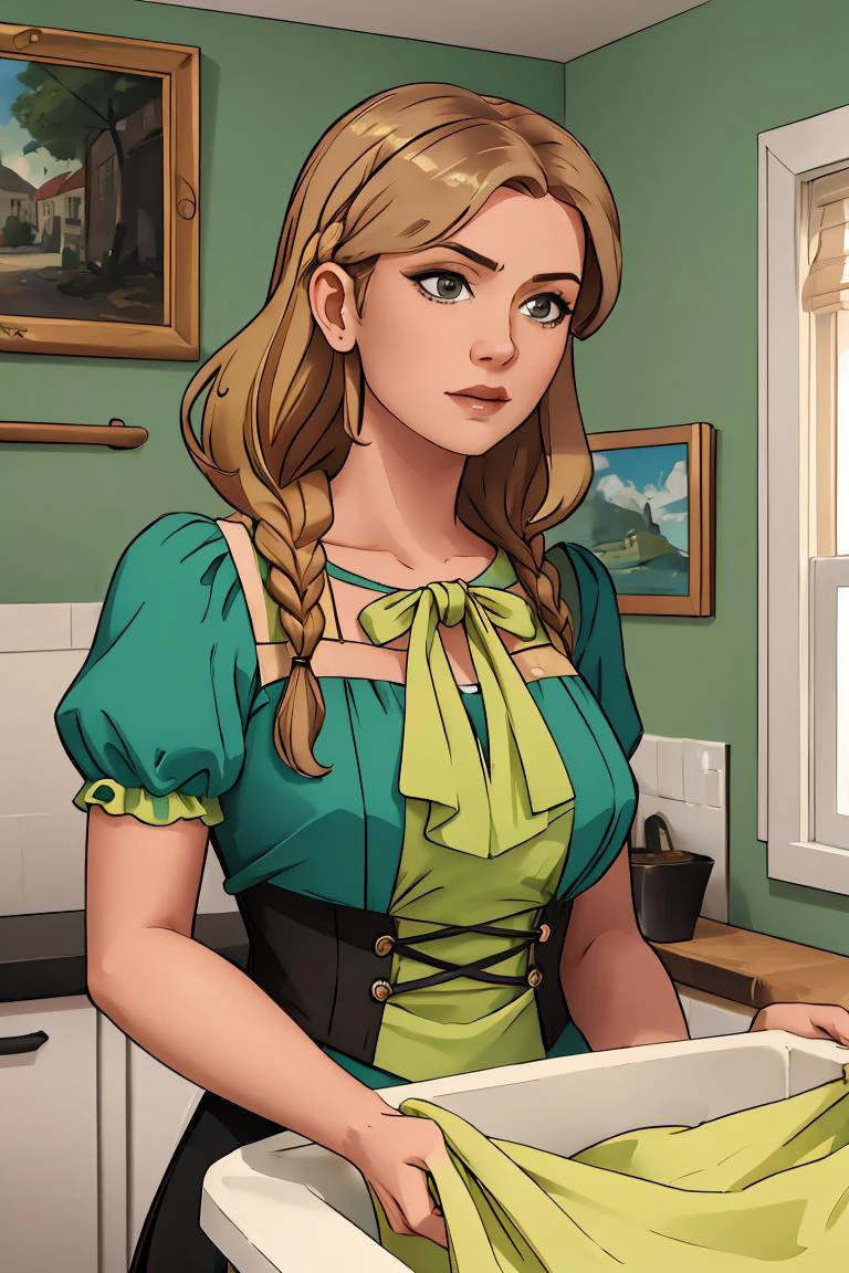 (masterpiece, best quality), 1girl, Lime Dutch Side Braid with Decorative Pins, medium breasts, <lora:housechores:0.8> housechores