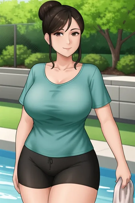masterpiece, best quality, <lora:HouseChores:.5>, house chores, 1girl, solo, breasts, looking at viewer, smile, large breasts, brown hair, shirt, brown eyes, collarbone, cowboy shot, shorts, hair bun, black shorts, single hair bun, blue shirt, hand on own chest, bike shorts, t-shirt, curvy, arm behind back, mature female, green shirt, aqua shirt, outdoors, backyard pool,