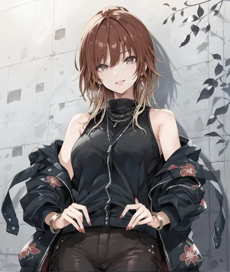 score_9, score_8_up, score_7_up, source_anime, mature,
White_Wings, 1girl, solo, looking at viewer, smile, shirt, skirt, blonde hair, brown hair, long sleeves, jewelry, jacket, multicolored hair, cowboy shot, earrings, parted lips, sleeveless, pants, signature, necklace, nail polish, black jacket, bracelet, black shirt, sleeveless shirt, gradient hair, black pants, turtleneck, floral print, zipper, multicolored eyes, sleeveless turtleneck, letterman jacket, chain necklace, print jacket
<lora:Aketa Mikoto-PonyXL-000008:1>