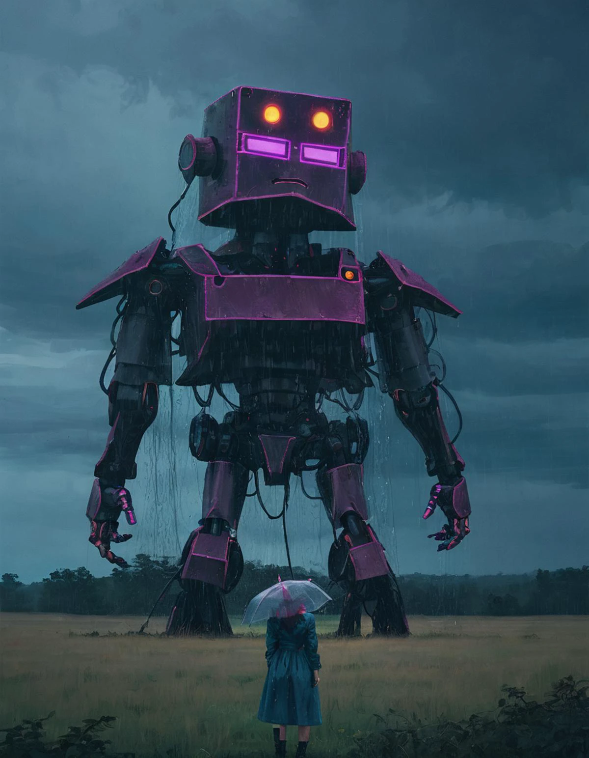 <lora:ssta:0.6> ssta giant robot with blacklight makeup, overgrown pasture, curious woman, wide shot, rain, storm, lighting creates a dramatic atmosphere <lora:blacklight_makeup_v2:0.6>