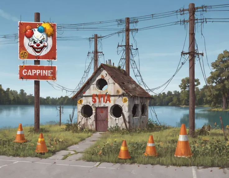<lora:ssta:0.4>ssta, ruins, biohazard clown skull sign, cones, power lines, lake, trees, grass,