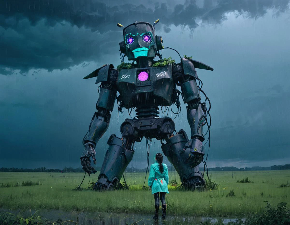 <lora:ssta:0.6> ssta giant robot with blacklight makeup, overgrown pasture, curious woman, wide shot, rain, storm, lighting creates a dramatic atmosphere <lora:blacklight_makeup_v2:0.6>