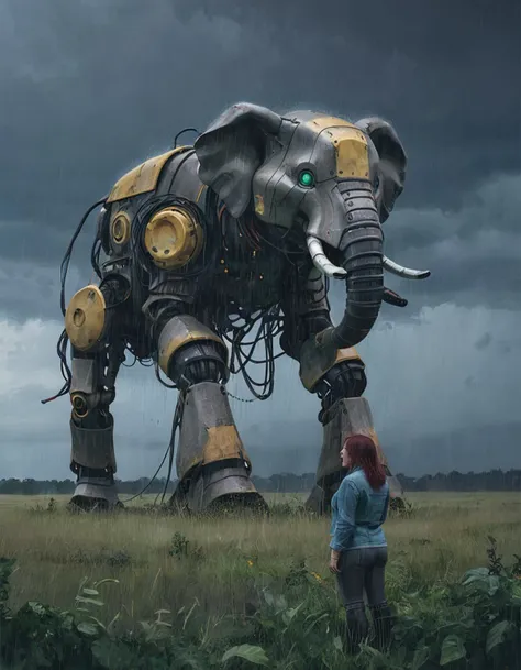 <lora:ssta:0.6> ssta giant pachyderm robot, overgrown pasture, curious woman, wide shot, rain, storm, lighting creates a dramatic atmosphere