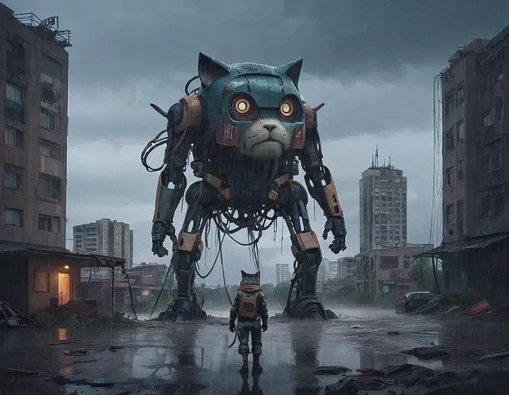 <lora:ssta:0.6> ssta humanoid cat giant robot, wide shot of a deserted post apocalyptic city, rain, storm, lighting creates a dramatic atmosphere