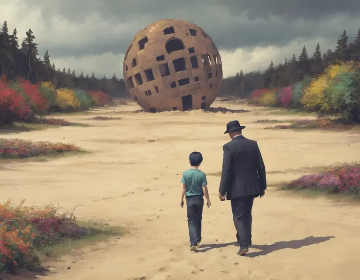 <lora:ssta:0.6>ssta, man wearing hat and boy walk through sand towards ruins, trees, plants, flowers, clouds