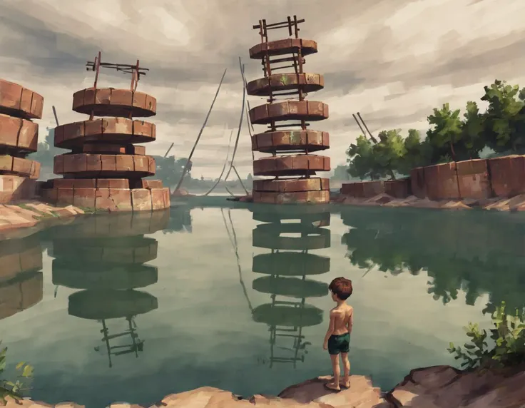 <lora:ssta:0.4>ssta, boy standing on shore of lake, ruins, plants, clouds