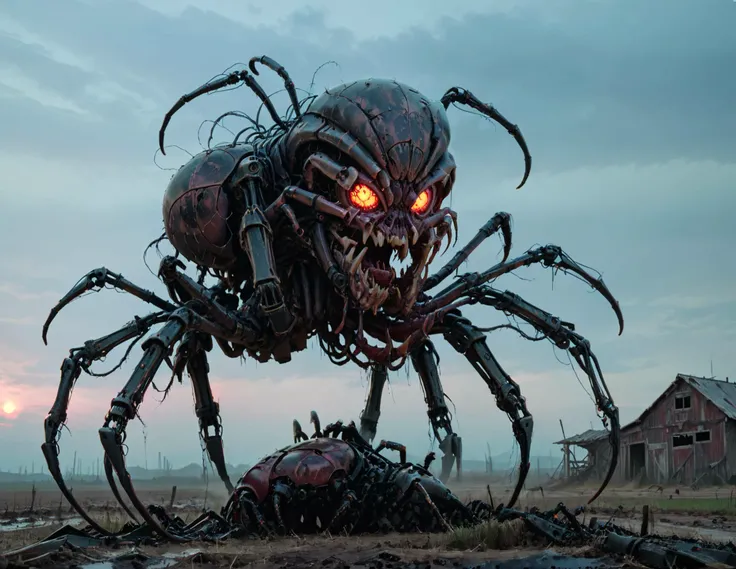 <lora:cinematic vampire film style:0.6> <lora:ssta:0.6> ssta cinematic vampire film style large arachnid robot, post apocalyptic farmland, dawn <lora:JuggerCineXL2:0.25> <lora:xl_more_art-full_v1:0.8>