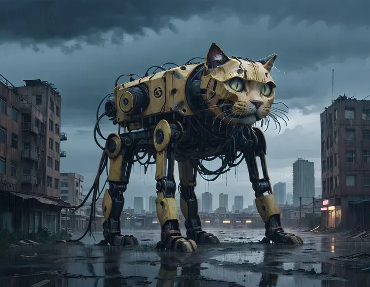 <lora:ssta:0.6> ssta huge cat robot, wide shot of a deserted post apocalyptic city, rain, storm, lighting creates a dramatic atmosphere