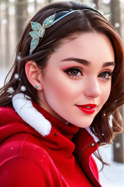 photo of tayamiller:0.99, a woman, ((brown hair)), ((closeup, portrait):1.1), ((turtleneck sweater, coat)), (smiling), ((forest, snow)),((detailed face, beautiful face, detailed eyes, beautiful eyes):1.3), ((red lipstick, eyeliner, eye shadow):1.2)