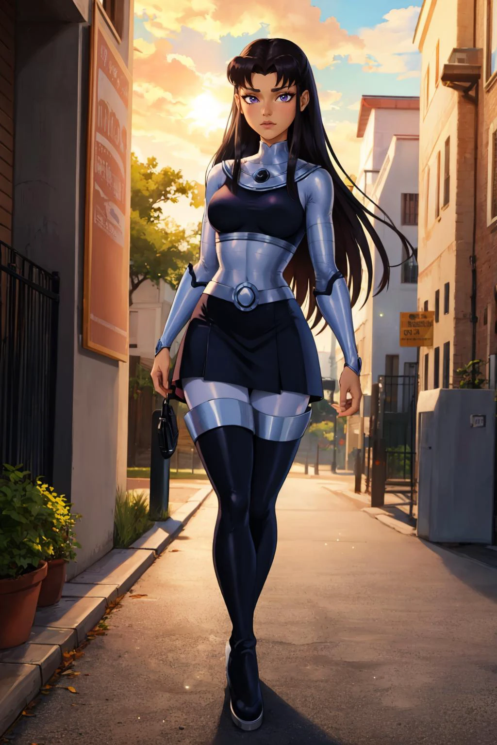 masterpiece, best quality, 1girl, solo, looking at viewer, breasts, outdoors, lens flare, depth of field, light particles, <lora:blackfire:1> blackfire , pants, bodysuit, skirt, armor, thigh boots, long sleeves, dark skin