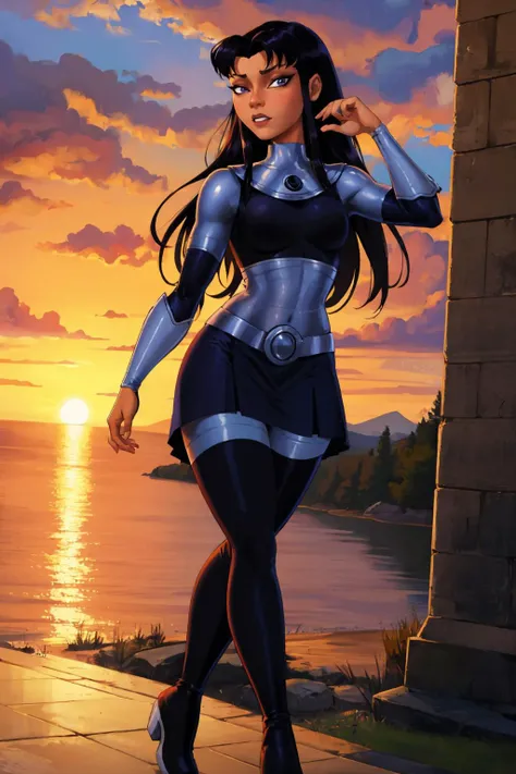 masterpiece, best quality, <lora:shadman-guy-v2:0.95>, shadman, 1girl, solo, looking at viewer, breasts, outdoors, <lora:blackfire:0.95> blackfire , pants, bodysuit, skirt, armor, thigh boots, long sleeves, dark skin