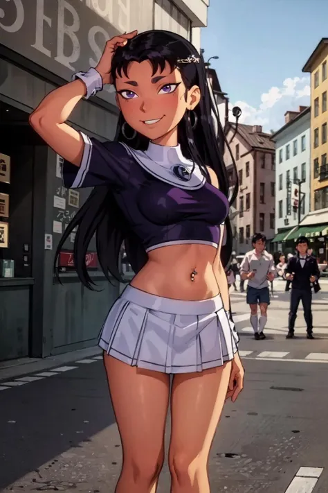 masterpiece, beautiful, solo, female, 1girl, from below, bottomless:1.3, standing, blackfire, playing with own hair:1.4, looking at viewer, leaning forward:1.3, eyeliner:1.3,
black hair, bangs, purple eyes, evil smirk:1.2, glowing eyes:0.85, detailed eyes, navel, navel piercing:1.5, ear piercing:1.4, midriff, cleavage:1.3, blush:1.2, glistening skin, piercings, earrings,
white clothing:1.4, fashion accessories, wrist scrunchie:1.3, catholic school uniform,
outside, outdoors, sunny, city, busy street:1.3,