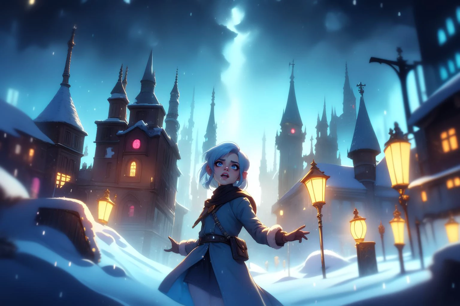 landscape, underground bazaar, neon colors, ominous, snow, snowing, shadows, criminal elements, <lora:Style_SnowMagic-DonMischo:0.7> DonMSn0wM4g1, blurry foreground, from below, best quality, high quality, high detail, highres, 4k, Theme_80sDarkFantasy , Style_Arcane-Anime:0.8