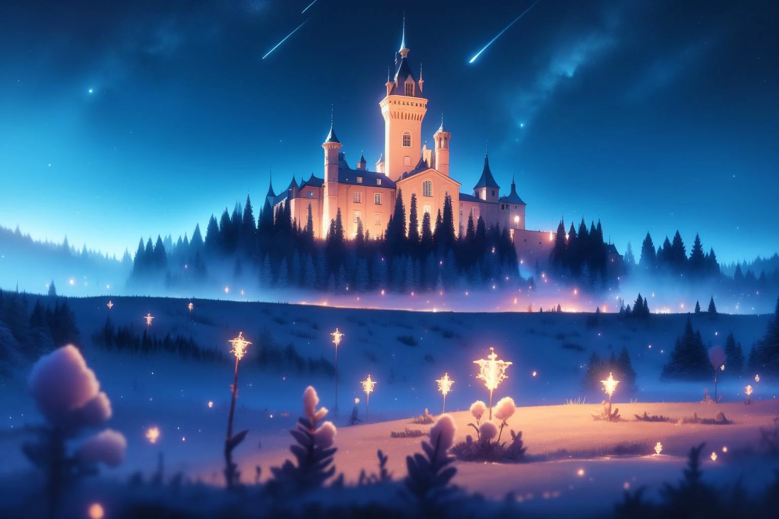landscape, chateau in a snowy forest, breathtaking, whimsical, moonlit night, lake <lora:Style_SnowMagic-DonMischo:0.7> DonMSn0wM4g1, blurry foreground, best quality, high quality, high detail, highres, 4k, Theme_80sDarkFantasy