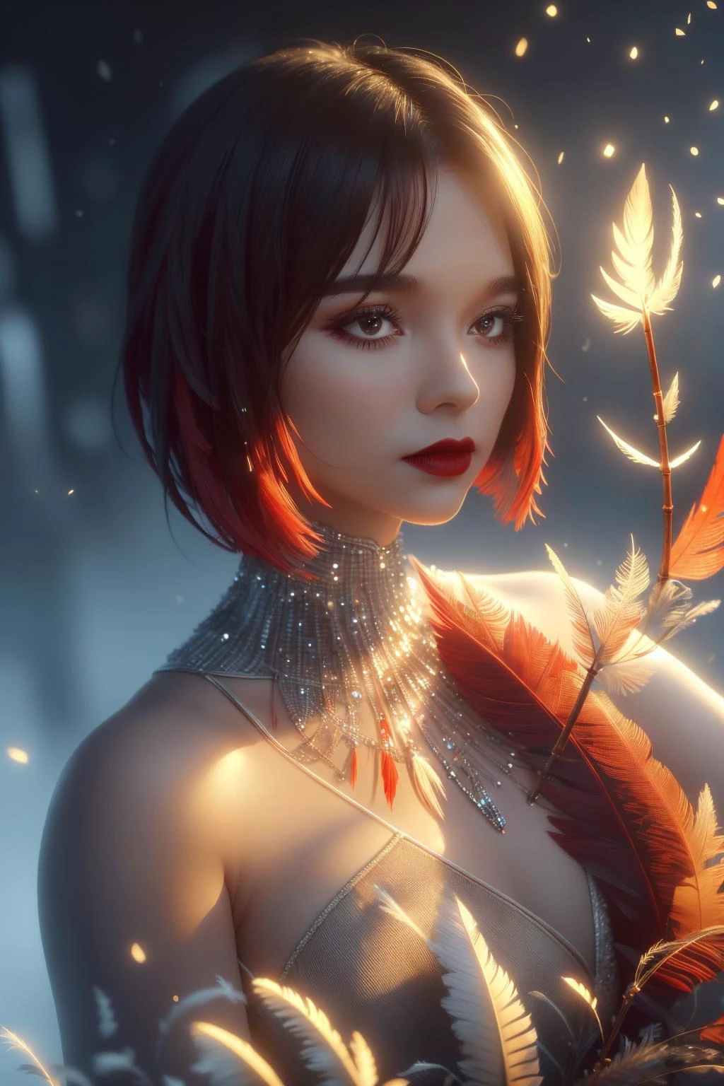 1girl, solo, looking at viewer, <lora:DonMSn0wM4g1c:1>, DonMSn0wM4g1c, <lora:louise_brooks_lora:1>, warm color, red lipstick, bamboo, feather, front portrait, reed, masterpiece,best quality,extremely detailed,fine details,official art,unity 8k wallpaper,4K,8K,UHD, (upper body:1.5), antiBlur,photography, abstract background