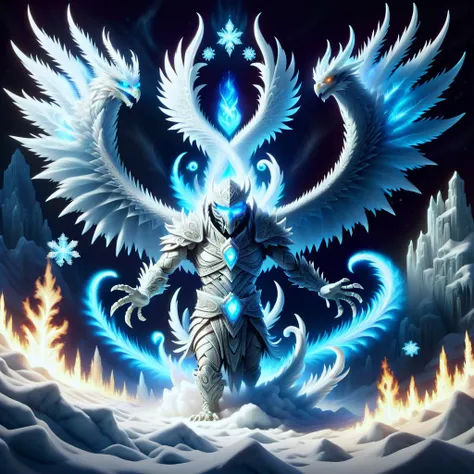 digital art, semi realistic hyper detailed masterpiece, dynamic, awesome quality,DonMSn0wM4g1cXL, snow ice magic, mummy, immense power, wisdom, and connection to fire, draconic features,scales, wings, wise, ancient being, knowledge, fantasy, <lora:DonMSn0wM4g1cXL-000008:0.8>