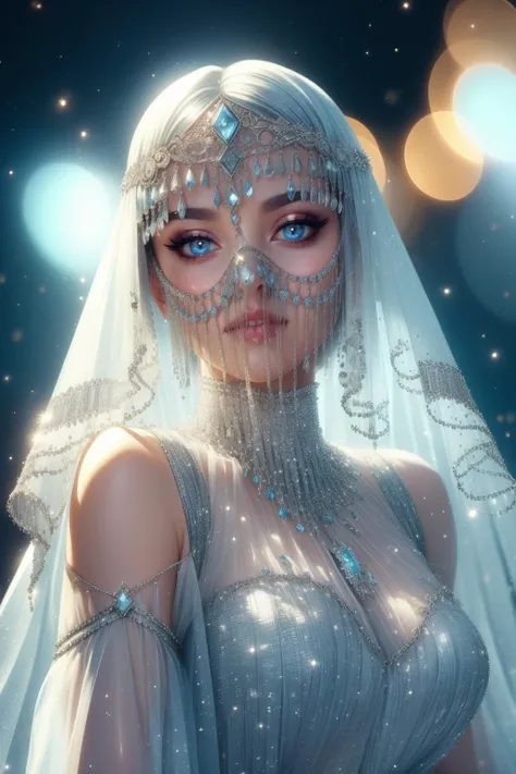 cinematic film still faceveilmask, 1girl, solo, (diamond mouth veil), [icy sapphire forehead jewel, headband], standing, dark haired adult mature woman, age 30, high quality, best quality, highres, high detail, afterglow,rim lighting,  <lora:chainveil:0.7>, textured skin,   <lora:Style_SnowMagic-DonMischo:0.65> DonMSn0wM4g1c . shallow depth of field, vignette, highly detailed, high budget, bokeh, cinemascope, moody, epic, gorgeous, film grain, grainy