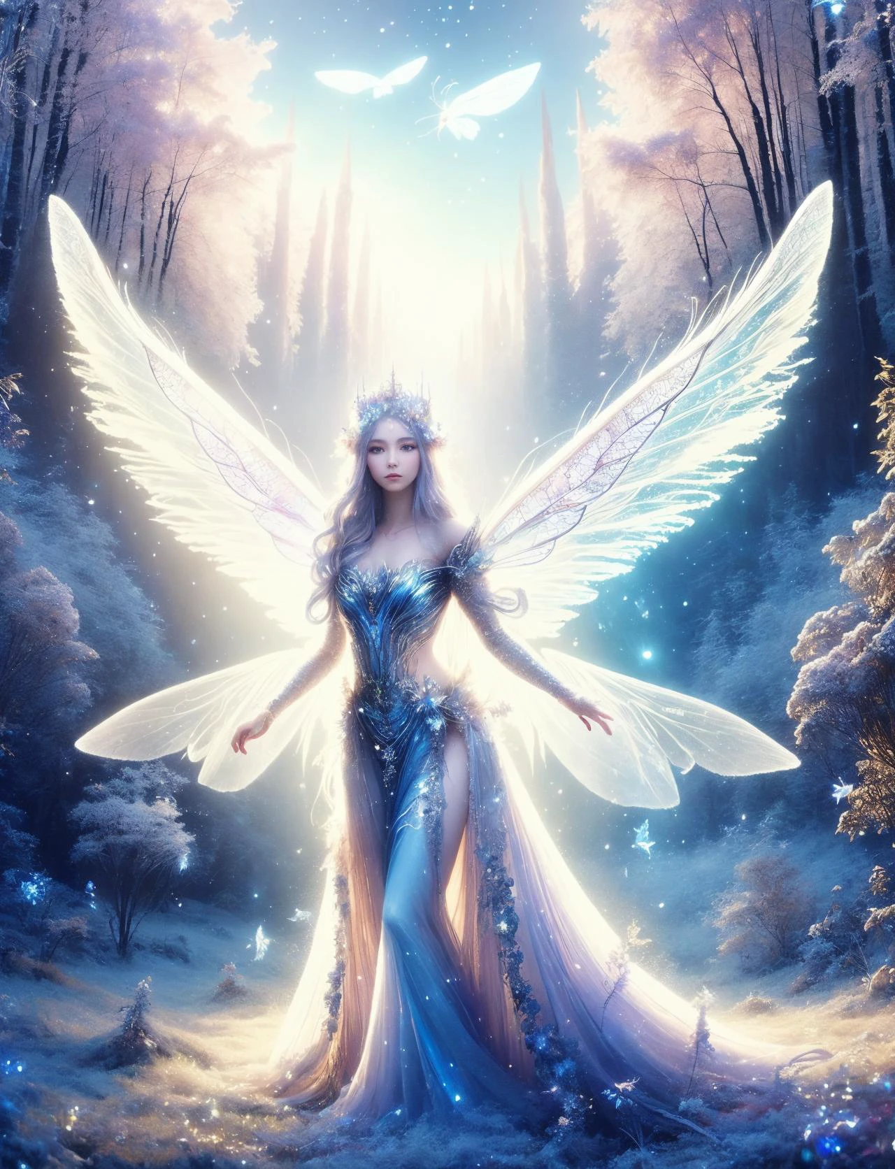 digital art, semi realistic hyper detailed masterpiece, dynamic, awesome quality,DonMSn0wM4g1c, female fairy, enchanting ethereal creature, beauty, nature, protectors creatures, sacred places, 1 to 2 feet tall, delicate wings, delicate wings, flit through the air, fantasy, <lora:DonMSn0wM4g1c-000008:0.8>