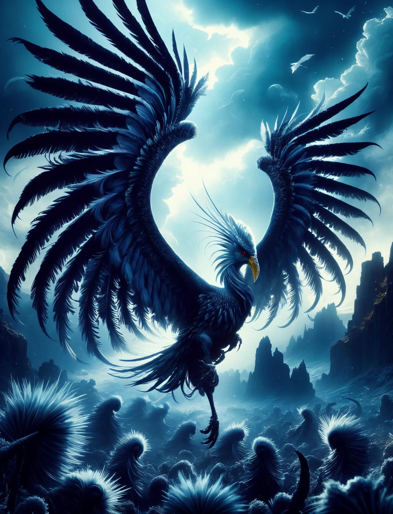 digital art, semi realistic hyper detailed masterpiece, dynamic, awesome quality,DonMSn0wM4g1c, medusa, mix of human and bird features, humanoid upper body, sharp claws, feathery wings, powerful, bird's beak, varied coloration, distinctive and eerie screeching, stormy weather and winds, vengeance, punishment, wild, predatory, malevolent, <lora:DonMSn0wM4g1c-000008:0.8>