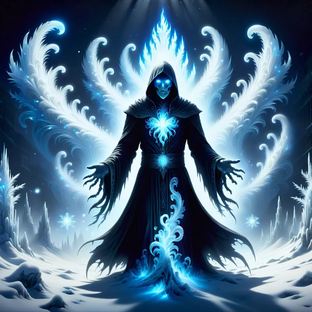 digital art, semi realistic hyper detailed masterpiece, dynamic, awesome quality,DonMSn0wM4g1cXL, snow ice magic, male wraith, ghostly spectral entity, shadowy, ethereal, shrouded tattered appearance, empty eye sockets, spectral, haunting otherworldly presence, gritty,sin,dedication,peaceful,putrid, <lora:DonMSn0wM4g1cXL-000008:0.8>