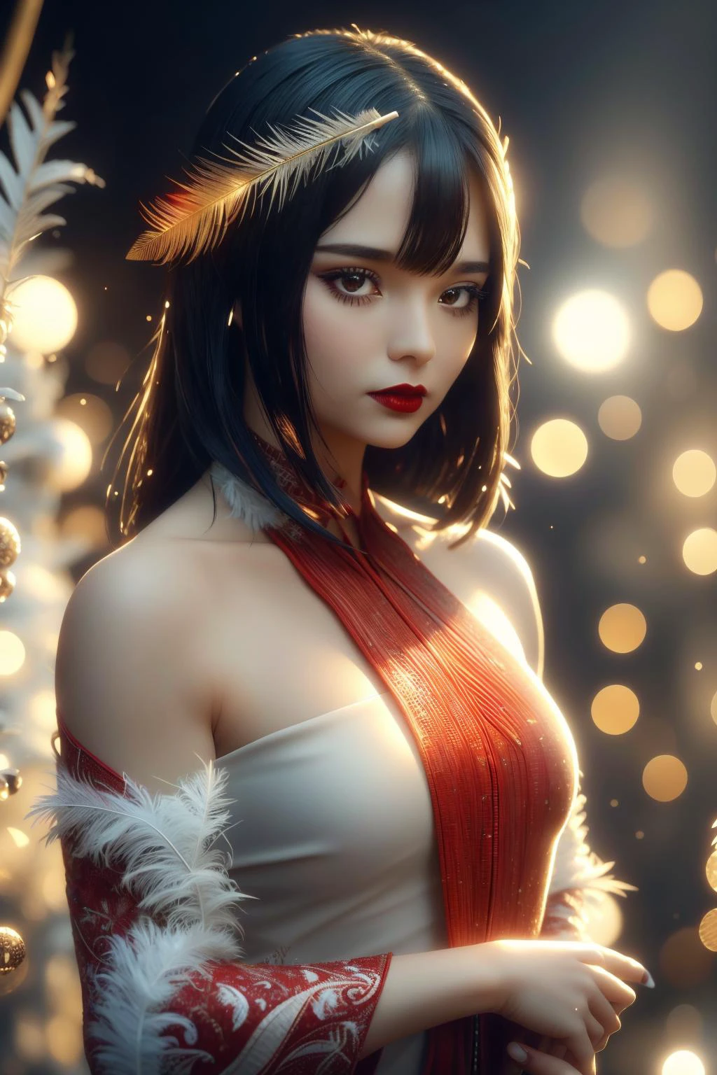 1girl, solo, looking at viewer, <lora:DonMSn0wM4g1c:1>, DonMSn0wM4g1c, <lora:louise_brooks_lora:1>, warm color, red lipstick, bamboo, feather, front portrait, reed, masterpiece,best quality,extremely detailed,fine details,official art,unity 8k wallpaper,4K,8K,UHD, (upper body:1.5), antiBlur,photography, abstract background