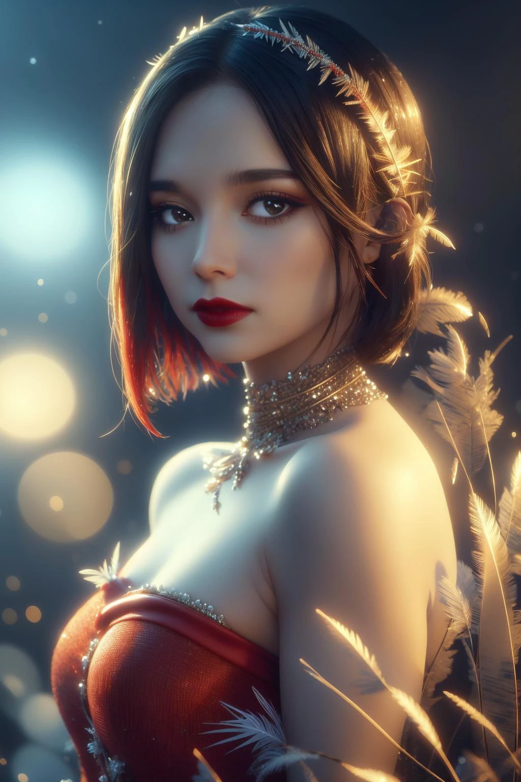 1girl, solo, looking at viewer, <lora:DonMSn0wM4g1c:1>, DonMSn0wM4g1c, <lora:louise_brooks_lora:1>, warm color, red lipstick, bamboo, feather, front portrait, reed, masterpiece,best quality,extremely detailed,fine details,official art,unity 8k wallpaper,4K,8K,UHD, (upper body:1.5), antiBlur,photography, abstract background