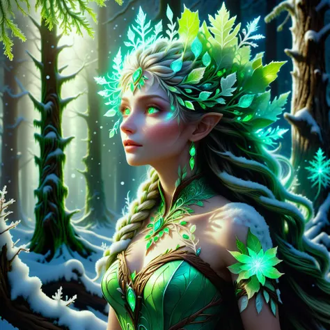 digital art, semi realistic hyper detailed masterpiece, dynamic, awesome quality,DonMSn0wM4g1cXL, snow ice magic, dryad, female nature spirit, bark like woody skin texture, leafy viney hair and attire, serene or ethereal expression, green earthy coloration, nature infused eyes, associated trees, embodiment of the forest, carries symbols of nature, benevolent, <lora:DonMSn0wM4g1cXL-000008:0.8>