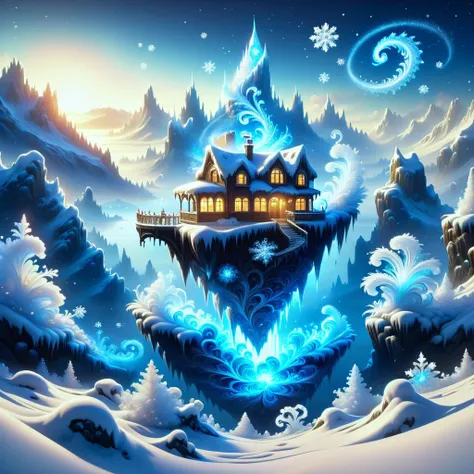 digital art, semi realistic hyper detailed masterpiece, dynamic, awesome quality,DonMSn0wM4g1cXL, snow ice magic, floating islands, mansard roof,bay window,bridge,leeches, <lora:DonMSn0wM4g1cXL-000008:0.8>