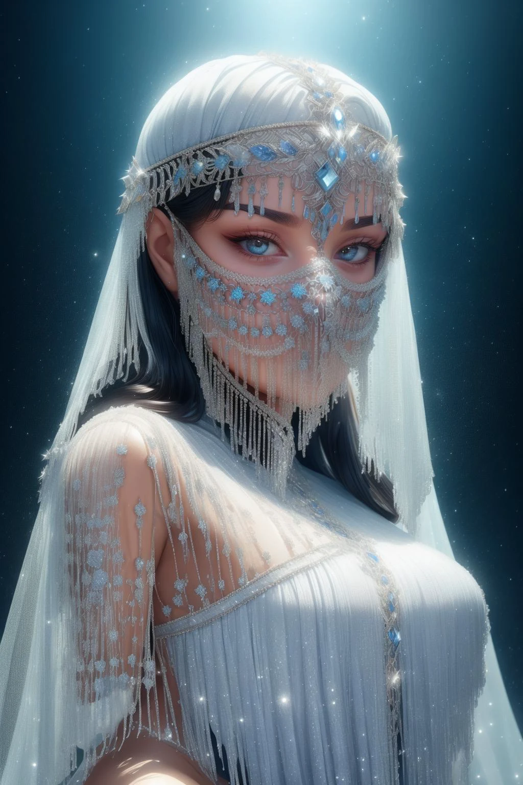 cinematic film still faceveilmask, 1girl, solo, (rime mouth veil), [icy sapphire forehead jewel, headband], standing, dark haired adult mature woman, age 30, high quality, best quality, highres, high detail, afterglow,moody composition,  <lora:chainveil:0.7>, textured skin,   <lora:Style_SnowMagic-DonMischo:0.6> DonMSn0wM4g1c . shallow depth of field, vignette, highly detailed, high budget, bokeh, cinemascope, moody, epic, gorgeous, film grain, grainy