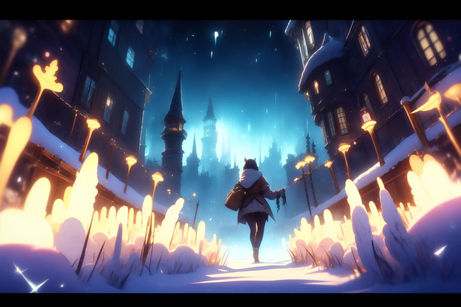 landscape, underground bazaar, neon colors, ominous, snow, snowing, shadows, criminal elements, <lora:Style_SnowMagic-DonMischo:0.7> DonMSn0wM4g1, blurry foreground, from below, best quality, high quality, high detail, highres, 4k, Theme_80sDarkFantasy , Style_Arcane-Anime:0.8