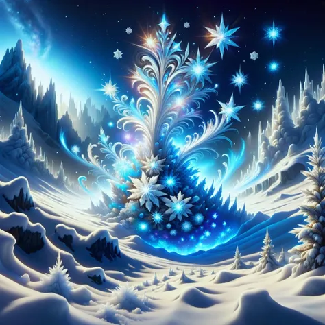 digital art, semi realistic hyper detailed masterpiece, dynamic, awesome quality,DonMSn0wM4g1cXL, snow ice magic, star cluster, changing season, <lora:DonMSn0wM4g1cXL-000008:0.8>