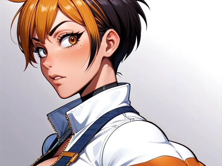 A mature 40-year-old woman with an asymmetrical pixie cut, rendered in high-quality anime style. She boasts an uberfit physique, accentuated by clothing with highly detailed shading and textures, reflecting a meticulous design process. The hair is given exceptional attention, with rich shading and precise line work to enhance depth and volume, creating a striking visual effect. Her eyes are detailed, a key feature in anime that captures a wide range of emotions. The addition of advanced dynamic lighting and vibrant colors brings out the realism and depth in her overall appearance. The quality of lineart throughout is intensified, with sharper and more defined lines adding clarity and precision to both the character and her attire. Against a plain white background, these details ensure that the focus remains squarely on the character, highlighting the sophisticated lineart and shading on her hair and clothing.
<lora:[GP]Thicc Style XL:0.4> curvy, wide hips
<lora:uberfit_lora_sdxl:0.2> muscular
<lora:MatureFemaleSDXL:0.2> mature female