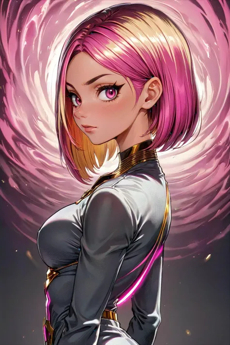 A mature 40-year-old woman with an asymmetrical pixie cut, rendered in high-quality anime style. She boasts an uberfit physique, accentuated by clothing with highly detailed shading and textures, reflecting a meticulous design process. The hair is given exceptional attention, with rich shading and precise line work to enhance depth and volume, creating a striking visual effect. Her eyes are large and detailed, a key feature in anime that captures a wide range of emotions. The addition of advanced dynamic lighting and vibrant colors brings out the realism and depth in her overall appearance. The quality of lineart throughout is intensified, with sharper and more defined lines adding clarity and precision to both the character and her attire. Against a plain white background, these details ensure that the focus remains squarely on the character, highlighting the sophisticated lineart and shading on her hair and clothing.
 <lora:[GP]Thicc Style XL:0.4> thick thighs, curvy
 <lora:DonM3v1lM4dn355XL:0.7> DonM3v1lM4dn355XL
dark eyes, glowing eyes
Soft Pink Gold hair