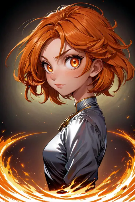 A mature 40-year-old woman with an asymmetrical pixie cut, rendered in high-quality anime style. She boasts an uberfit physique, accentuated by clothing with highly detailed shading and textures, reflecting a meticulous design process. The hair is given exceptional attention, with rich shading and precise line work to enhance depth and volume, creating a striking visual effect. Her eyes are large and detailed, a key feature in anime that captures a wide range of emotions. The addition of advanced dynamic lighting and vibrant colors brings out the realism and depth in her overall appearance. The quality of lineart throughout is intensified, with sharper and more defined lines adding clarity and precision to both the character and her attire. Against a plain white background, these details ensure that the focus remains squarely on the character, highlighting the sophisticated lineart and shading on her hair and clothing.
 <lora:[GP]Thicc Style XL:0.4> wide hips, curvy
 <lora:DonM3v1lM4dn355XL:0.7> DonM3v1lM4dn355XL
dark eyes, glowing eyes
Vibrant Orange hair