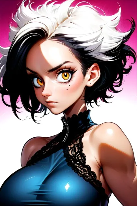 Create a high-quality anime illustration of a woman with a pixie haircut, emphasizing bold lines and details reminiscent of professional manga art. The character should convey elegance and strength, with sharp, engaging eyes and a modern, fashionable outfit that suits her hairstyle. Opt for a minimalist background, focusing on a clean and uncluttered look to highlight her striking pose and confident demeanor. Use vibrant colors and strong shading to bring out the character's features against the simple backdrop, ensuring the drawing captures the essence of classic manga aesthetics.
large breasts,
messy hair, white and black hair, lace,
(her face has a striking resemblance to Halley Berry, Celine Dion and Alicia Keys:1.3), 
glowing eyes, dynamic pose,
<lora:DonM3v1lM4dn355XL:0.4> DonM3v1lM4dn355XL, 
shadow, abstract
 <lora:[GP]Thicc Style XL:1>