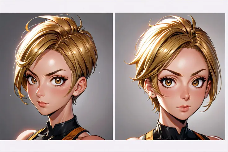 A mature 40-year-old woman with an asymmetrical pixie cut, rendered in high-quality anime style. She boasts an uberfit physique, accentuated by clothing with highly detailed shading and textures, reflecting a meticulous design process. The hair is given exceptional attention, with rich shading and precise line work to enhance depth and volume, creating a striking visual effect. Her eyes are large and detailed, a key feature in anime that captures a wide range of emotions. The addition of advanced dynamic lighting and vibrant colors brings out the realism and depth in her overall appearance. The quality of lineart throughout is intensified, with sharper and more defined lines adding clarity and precision to both the character and her attire. Against a plain white background, these details ensure that the focus remains squarely on the character, highlighting the sophisticated lineart and shading on her hair and clothing.
<lora:[GP]Thicc Style XL:0.4> thick thighs, curvy
<lora:uberfit_lora_sdxl:0.4> uberfit, muscular
<lora:DonM3v1lM4dn355XL:0.4> DonM3v1lM4dn355XL
dark eyes, glowing eyes
Warm Gold hair