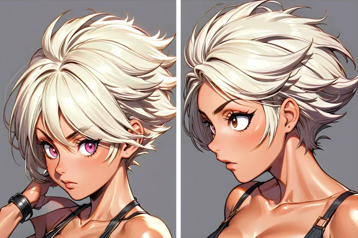 A mature 40-year-old woman with an asymmetrical pixie cut, rendered in high-quality anime style. She boasts an uberfit physique, accentuated by clothing with highly detailed shading and textures, reflecting a meticulous design process. The hair is given exceptional attention, with rich shading and precise line work to enhance depth and volume, creating a striking visual effect. Her eyes are large and detailed, a key feature in anime that captures a wide range of emotions. The addition of advanced dynamic lighting and vibrant colors brings out the realism and depth in her overall appearance. The quality of lineart throughout is intensified, with sharper and more defined lines adding clarity and precision to both the character and her attire. Against a plain white background, these details ensure that the focus remains squarely on the character, highlighting the sophisticated lineart and shading on her hair and clothing.
 <lora:[GP]Thicc Style XL:0.4> thick thighs, curvy
 <lora:DonM3v1lM4dn355XL:0.7> DonM3v1lM4dn355XL
dark eyes, glowing eyes
Soft Pink Gold hair