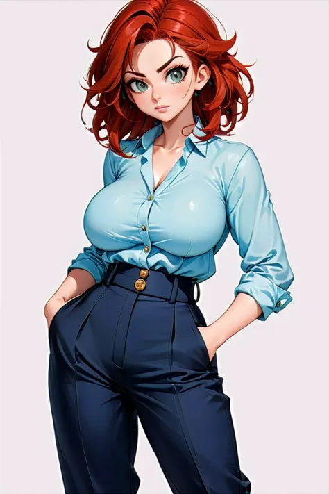 Create a high-quality anime illustration of a woman emphasizing bold lines and details reminiscent of professional manga art. The character should convey elegance and strength, with sharp, engaging eyes and a modern, fashionable outfit that suits her hairstyle. Opt for a minimalist background, focusing on a clean and uncluttered look to highlight her striking pose and confident demeanor. Her facial expression should be composed and slightly smiling, embodying both serenity and confidence.
(beach waves  hairstyle:1.3),
(Fiery Red hair:1.3),
(Back to Camera, Looking Back: Adds mystery and allure, inviting viewers to ponder what caught the subject's attention.:1.3)
<lora:uberfit_lora_sdxl:0.3> muscular
<lora:[GP]Thicc Style XL:0.3> thick thighs, curvy, large breasts,
This modern ensemble starts with a casually elegant blouse, featuring a soft, flowing fabric that drapes beautifully over the frame. Its subtle pastel hue complements the contemporary design, which includes a tasteful neckline and delicate button details for a touch of sophistication. The blouse tucks seamlessly into the high-waisted trousers, which sculpt the waist and hips with precision. The trousers' fabric maintains a balance of comfort and form, hinting at a blend of functionality with trend-forward tailoring up to the hips, making this top half the epitome of modern, casual chic.