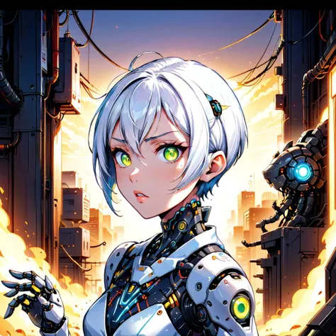 A mature 40-year-old woman with an asymmetrical pixie cut, designed in a high-quality anime style, reminiscent of professional anime art. She boasts an uberfit physique highlighted by her cybernetic, robotic elements, showcasing intricate lineart and detailed shading to emphasize the complexity of her design. The character's eyes are large and expressive, capturing the essence of anime's emotive storytelling. Dynamic lighting and vibrant colors add depth and realism to her appearance, with a subtle glow around the cybernetic parts to accentuate the technological aspect. (The background is plain white, focusing attention on the character and her unique features.:1.5)
 <lora:koreandolllikeness_xl:0.6> koreandolllikeness
 <lora:EnvyLineArtSliderXL01:0.6>
 <lora:mecha:0.4> mecha