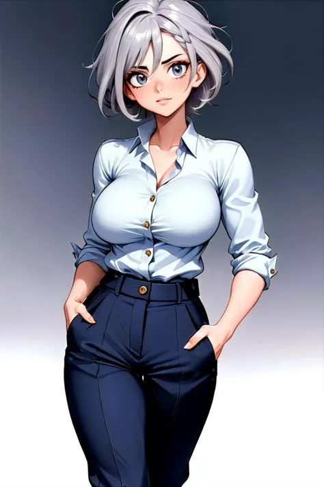 Create a high-quality anime illustration of a woman emphasizing bold lines and details reminiscent of professional manga art. The character should convey elegance and strength, with sharp, engaging eyes and a modern, fashionable outfit that suits her hairstyle. Opt for a minimalist background, focusing on a clean and uncluttered look to highlight her striking pose and confident demeanor. Her facial expression should be composed and slightly smiling, embodying both serenity and confidence.
(zigzag part  hairstyle:1.3),
(Ash Gray hair:1.3),
(Looking Upward: Optimistic or inspired, with eyes gazing upwards.:1.3)
<lora:uberfit_lora_sdxl:0.3> muscular
<lora:[GP]Thicc Style XL:0.3> thick thighs, curvy, large breasts,
This modern ensemble starts with a casually elegant blouse, featuring a soft, flowing fabric that drapes beautifully over the frame. Its subtle pastel hue complements the contemporary design, which includes a tasteful neckline and delicate button details for a touch of sophistication. The blouse tucks seamlessly into the high-waisted trousers, which sculpt the waist and hips with precision. The trousers' fabric maintains a balance of comfort and form, hinting at a blend of functionality with trend-forward tailoring up to the hips, making this top half the epitome of modern, casual chic.